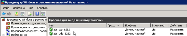 Заявленный рабочий протокол Ads - UDP, но, чтобы не морочиться, откройте порт 6262 также и на TCP.