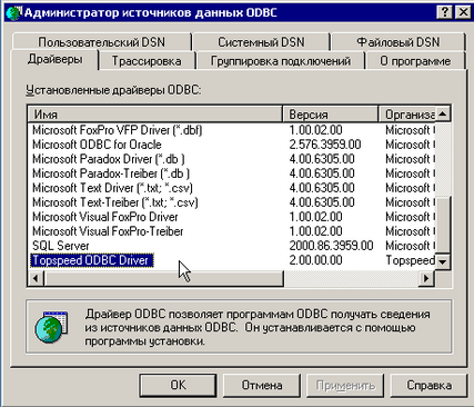 Шаг 2. Найти "Topspeed ODBC Driver" в списке драйверов ODBC на вкладке "Драйверы". Если нет - драйвер не установлен.